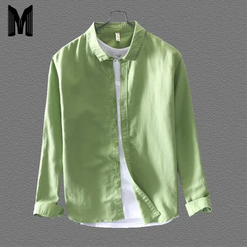 

45%Cotton 55%Linen Casual Shirts Men Slim Fit Vintage Shirt Male Long Sleeve Brand Clothing Y1721