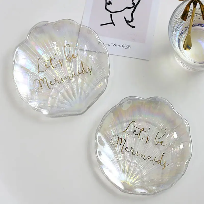 

Glass Jewelry Ring Dish Fruit Plate Shell Shape Dinner Plate Soy Sauce Dish Dessert Tray Nail Photo Prop Storage Organizer Decor