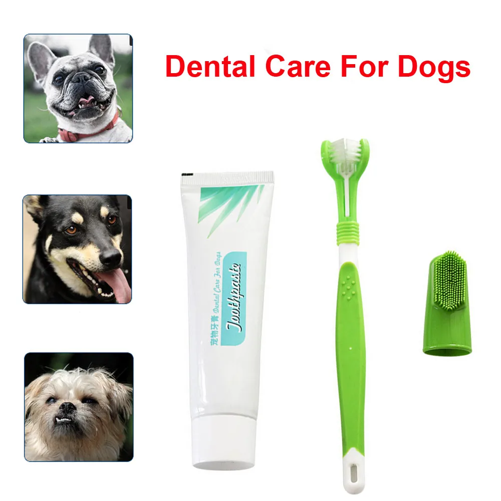 

Dog Three-Sided Pet Toothbrush Finger Brush Toothpaste Kit Addition Bad Breath Tartar Mouth Teeth Care For Pet Cleaning Tools