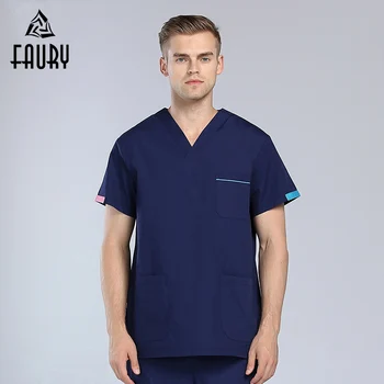 

Men V-neck Short Sleeve Summer Hospital Doctor Surgical Work Uniforms High Quality Tops Pants Overalls Medical Workwear