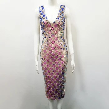 

Halinfer 2018 New summer women dress sexy bodycon V-neck Tassel Sequined Bandage Royon dress celebrity party dress