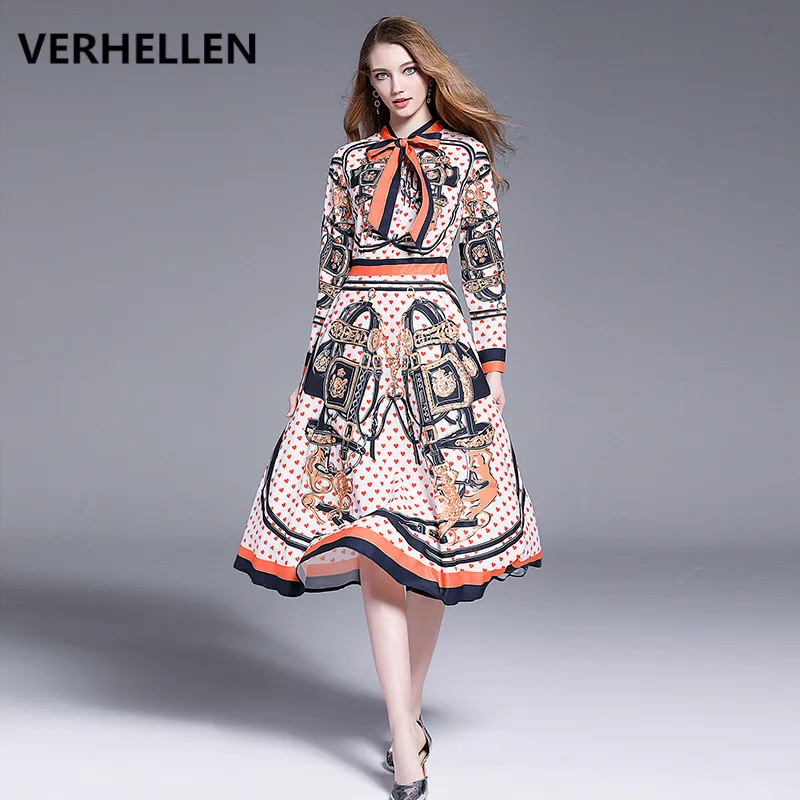 

VERHELLEN High Quality 2019 Autumn Fashion Runway Dress Women Long Sleeve Bow Collar Luxury Floral Print Vintage Elegant Dresses