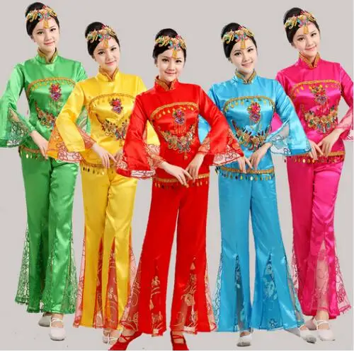 chinese embroidered sequined folk dance costumes fan handkerchief drum yangko dance clothing red\bl