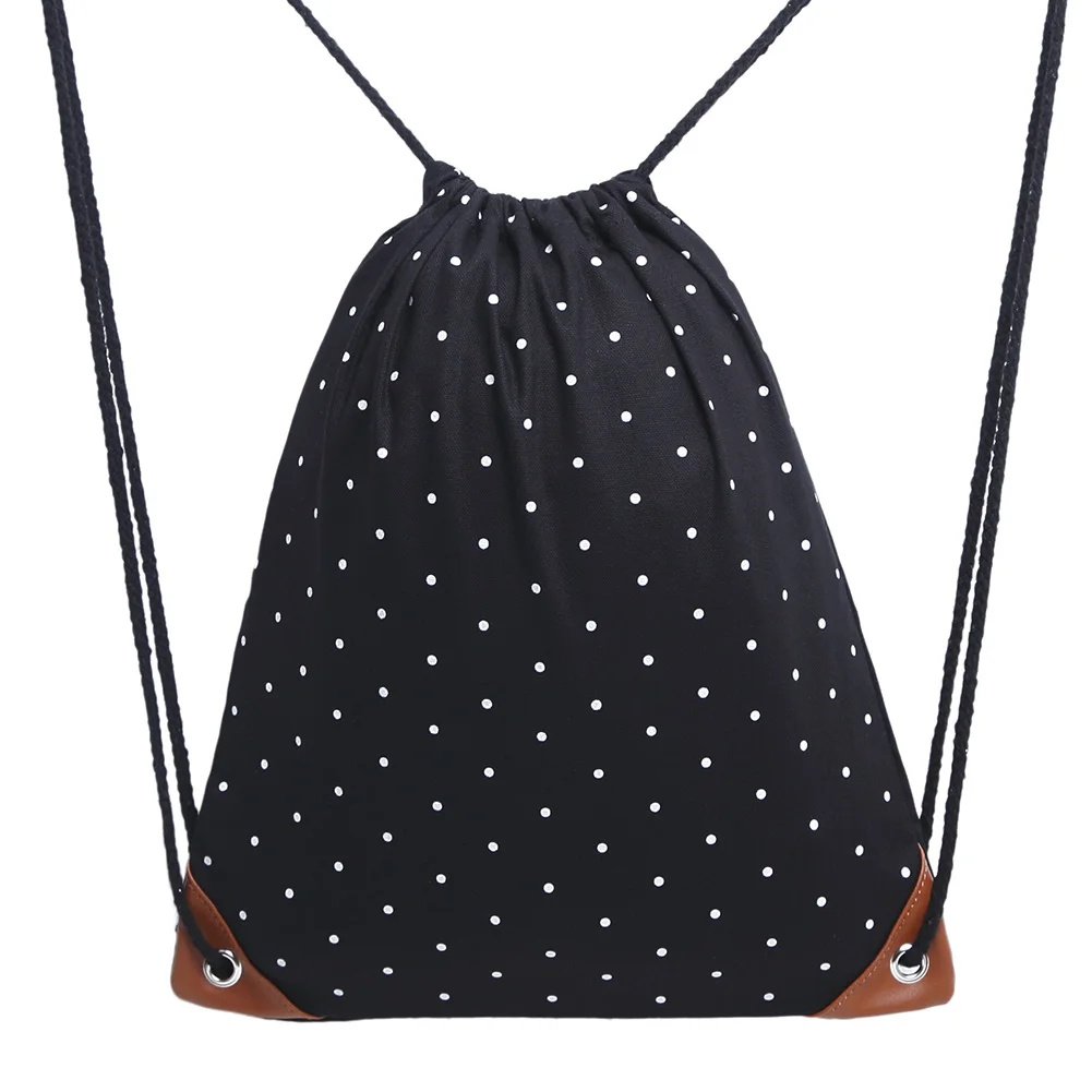 Retro Drawstring Bags Women Men Backpack Canvas Dots Printing Backpack For Teenagers School Shoulder Bag Travel Storage Pouch