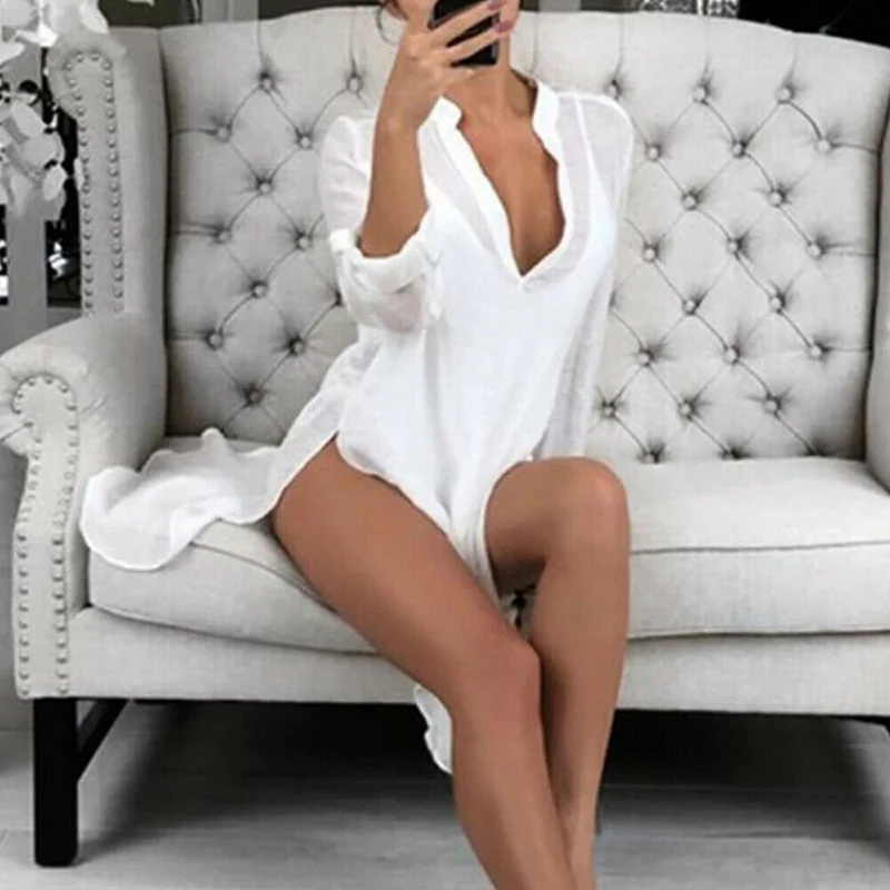 

New Popular Women Elegant V Neck Solid Beautiful Loose Long Sleeve Casual Blouse Top Shirt Summer Beach Cover Up S-5XL 2019