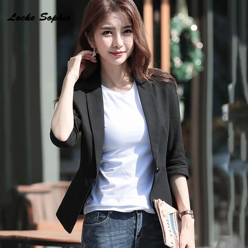 1pcs Women's Plus size Slim fit Blazers coats 2019 Summer cotton Middle sleeve Small Suits jackets ladies Skinny Blazers Suits