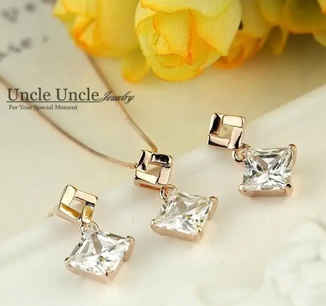

White Gold Color Austrian Zircon Inlaid Square-Shape Element Design Lady Jewelry Set Earrings/Necklace Wholesale