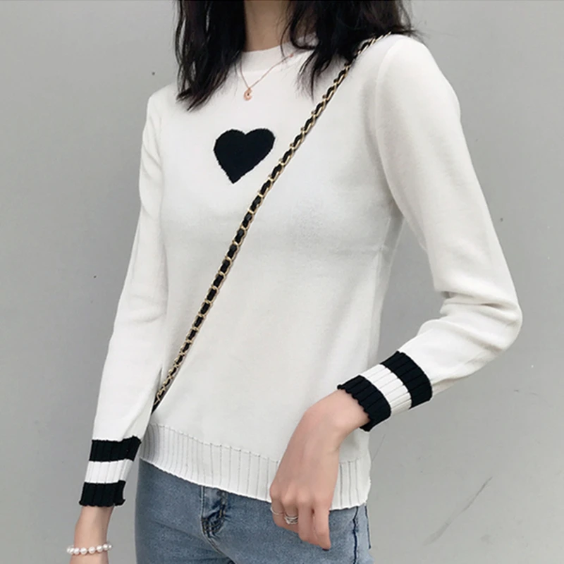 

Korean Casual Knitted Women Sweaters and Pullovers Heart pattern Autumn Long Sleeve Thin Knit Women Sweater Crop Sweater