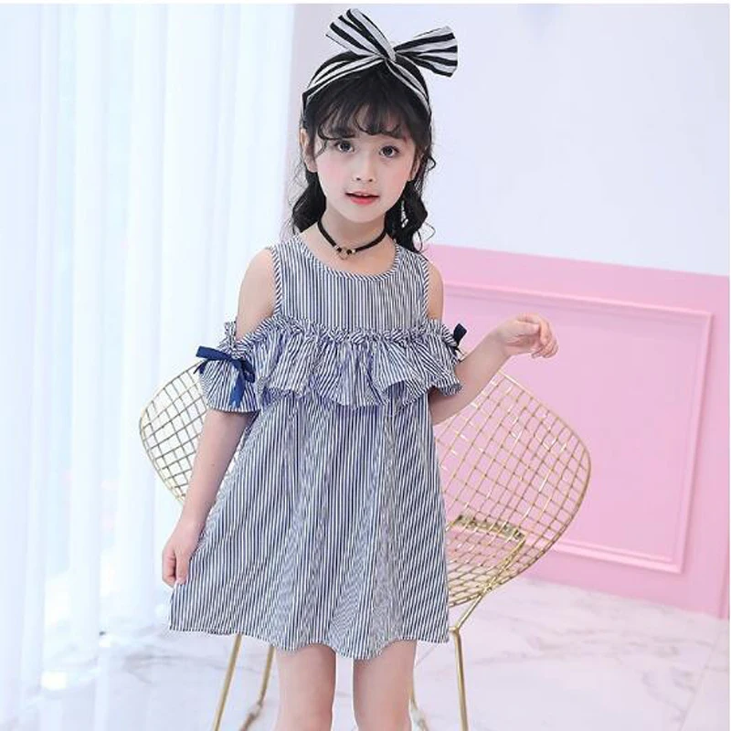 

Hot New Children's Summer Dress Child Child Baby Girl Cute Clothes Blue Striped Off-Shoulder Ruffle Party Dress