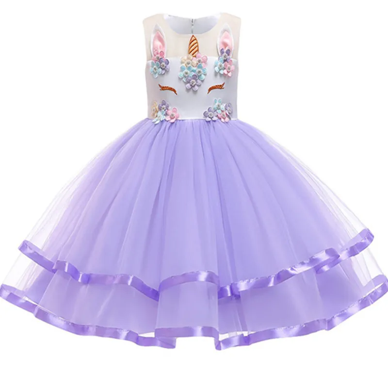 Новые Платья с цветочным узором для девочек, карнавальные костюмы с единоровечерние для детей, платье-пачка принцессы на день рождения