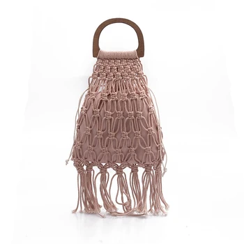 

FGGS-Handmade Cotton Woven Wood Handle Womens Handbags and Purses Hollow Rope Tassel Beach Female Net Straw Tote Evening Clutc