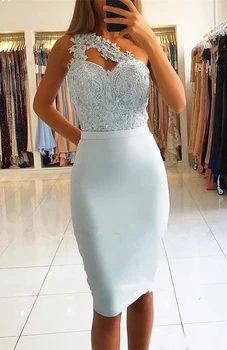 

Cheap Elegant Knee Length Short Cocktail Dresses Lace Applique One Shoulder Satin Prom Party Gowns
