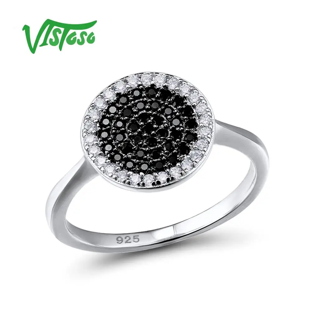 

VISTOSO 925 Sterling Silver Rings For Women Natural Stone Black Spinel Round Cubic Zirconia Fine Jewelry Party Engagement Rings