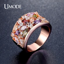 UMODE New Colorful Rose Gold Plated Finger Ring for Women Fashion Jewelry AAA Multicolor Cubic Zircon Cocktail Ring AUR0333