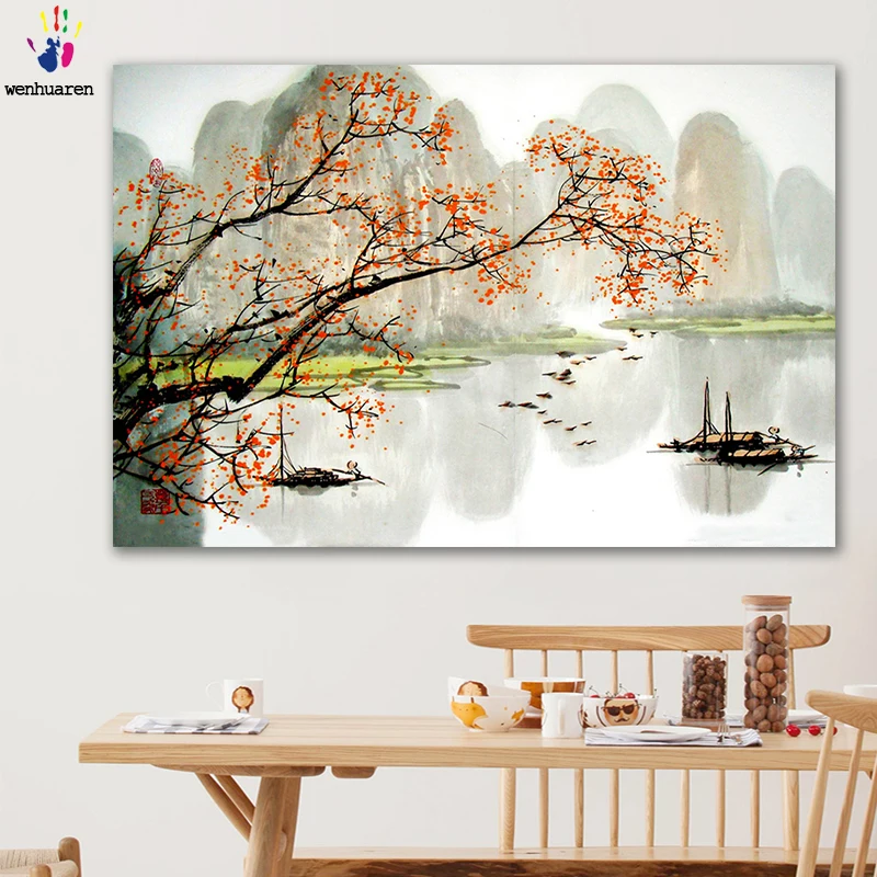

DIY colorings pictures by numbers with color Chinese landscape Ink painting picture drawing painting by numbers framed Home