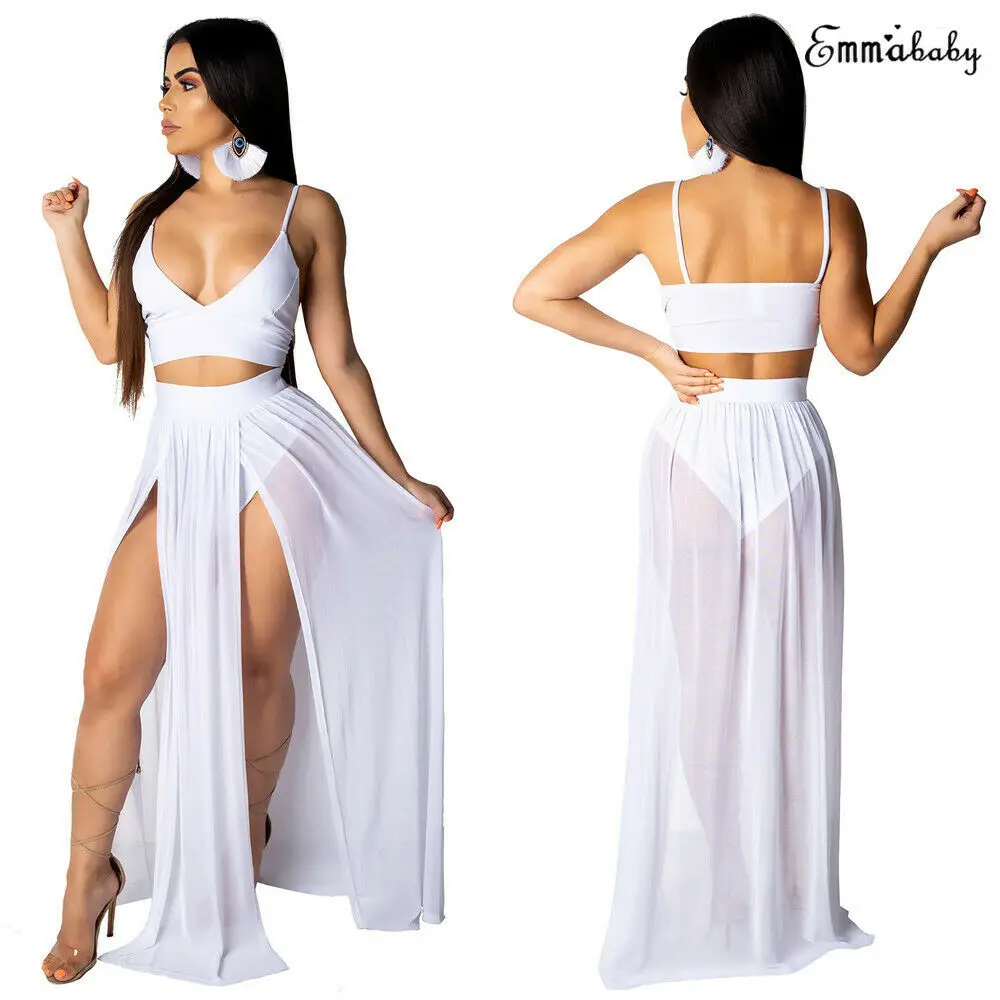 

Summer Beach Women Sling Deep V Neck Crop Top Elastic High Waist Maxi Long Skirt Two Piece Set Party Plus Size XXL
