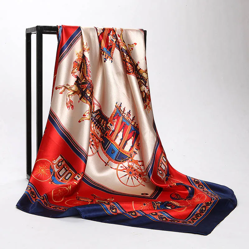 

2018 New Women Large Soft Satin Scarf Retro Carriage Pattern Printed Square Silk Scarves Hijab For Ladies Neck Accessories