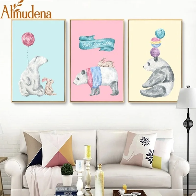 

Nordic Minimalist Cartoon Animal Small Fresh Watercolor Bear Canvas Wall Art Picture for Children's Room Decorative Painting