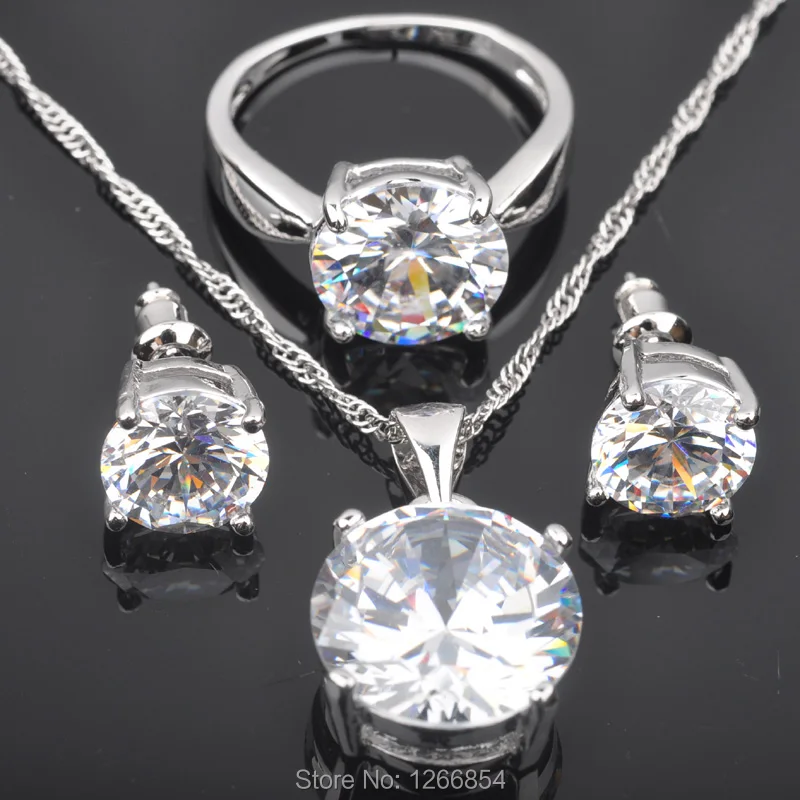 

Round Design White Cubic Zirconia For Women Silver Jewelry Sets Earrings/Pendant/Necklace/Rings Free Shipping JS0314