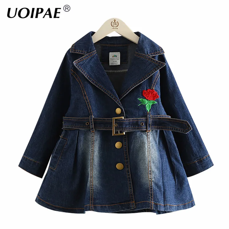 Girl Dress Princess Autumn 2018 Fashion Flowers Embroidery Denim Dress Girls Long Sleeve Turn-down Collar Kids Clothes B0659