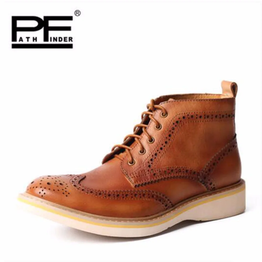 

Pathfind Mens Leather Tooling Boots Men Outdoor British casual Leather Bullock carved shoes Loafers Flats breathable men shoes