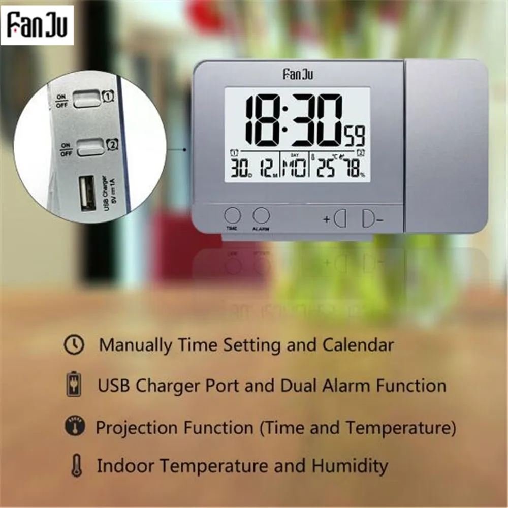 Fanju FJ3531 проекционный будильник цифровая функция повтора даты подсветка вращающийся Пробуждение проектор Многофункциональный al светодиодные часы