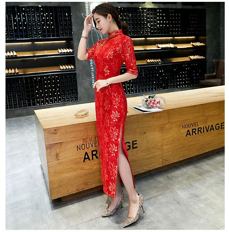 Sheng Coco женские полые кружевные Cheongsam платья сексуальное банкетное платье в традиционном китайском стиле стиль Cheongsam кружева Красный Vestido De