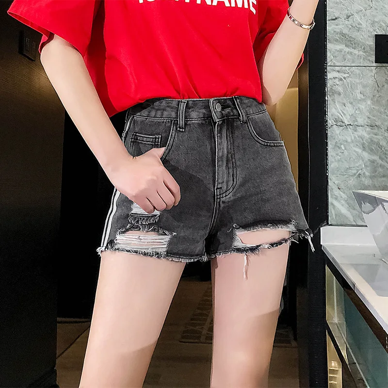 

Women's Shorts Summer Denim High Waist Shorts Euro-American Fashionable Chic Shorts with Pockets and Holes
