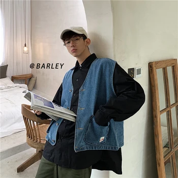 

Men Vintage Fashion Casual Denim Vest Jacket Male Loose Sleeveless Jeans Coat