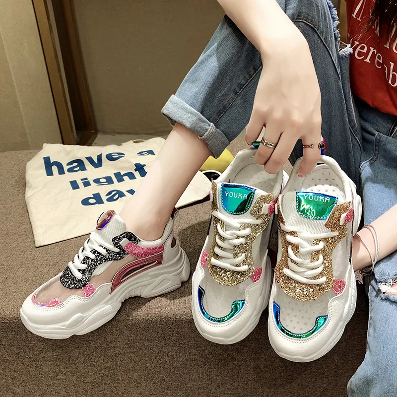 

2019 Summer Breathable Sneakers for Women Lace Up Round Toe Hollow Casual Women Shoes Vulcanized Shoes Women Platform Sneakers