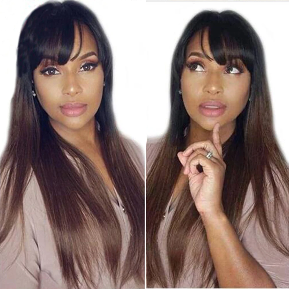 

SimBeauty Lace Front Human Hair Wigs With Bangs 1B30 Ombre Straight 130 Density Peruvian Remy Hair Natural Hairline Fringe wig