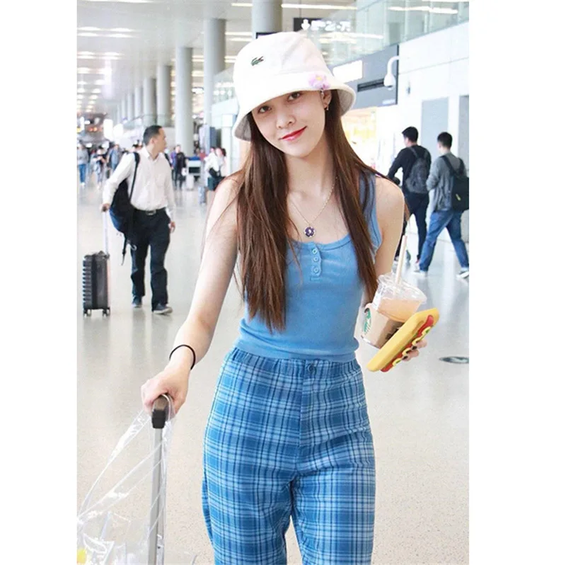 

Summer 2019 New Star Airport High-waist Straight Trousers Straight Plaid Elastic Waist Full Length Fashion Women Pants