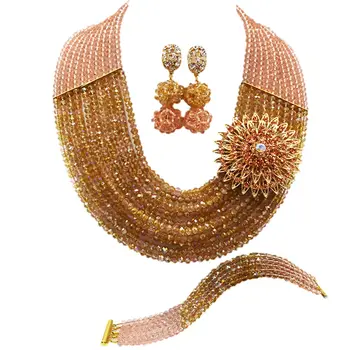 

Peach Gold AB Crystal African Wedding Beads Nigerian Beaded Necklace Jewelry Set Bridal Party Jewelry Sets for Women 10C-SZ32