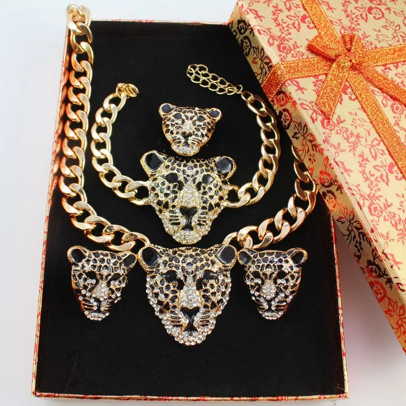 Модный браслет с головой леопарда, серьги, ожерелье, набор колец, Модный золотой цвет, кристалл, костюм, африканские ювелирные наборы