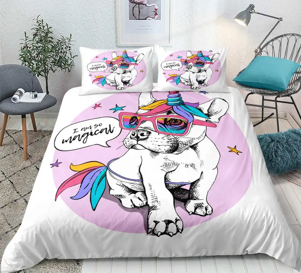 Unicorn Bulldog Bedding Set Cartoon Bed Duvet Cover Set Sweet Dream for Kids Girls 3-piece Colorful Bedclothes - Цвет: 01
