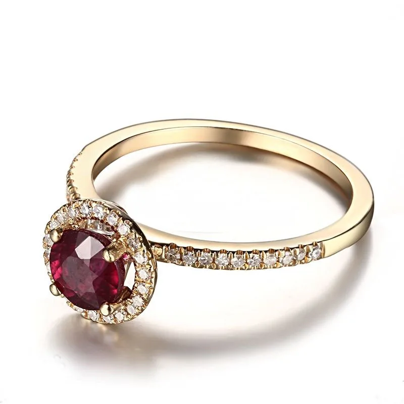 Твердое кольцо 14 К(585) из желтого золота с настоящим бриллиантом, безупречное 5 мм круглое обработанное рубиновое кольцо, Установочное обручальное свадебное женское Ювелирное кольцо