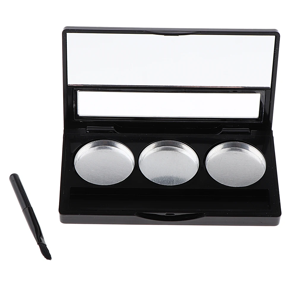 Empty 3 Slots Eyeshadow Lipstick Powder Box Case Cosmetic Packing Palette with Makeup Mirror and Brush, Square 9.2x5.1x1.1cm