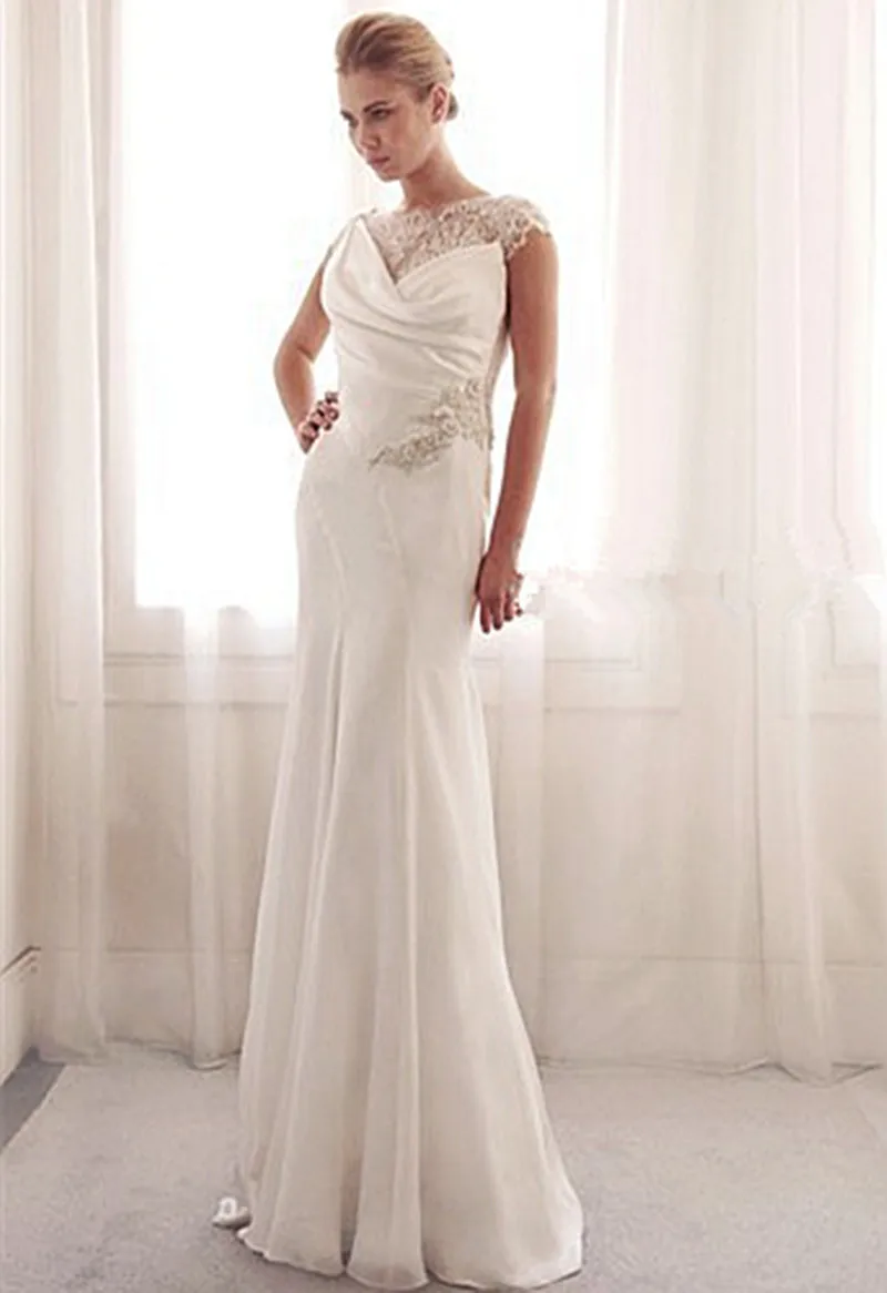 Elegant high neck sheer lace white wedding dresses cap