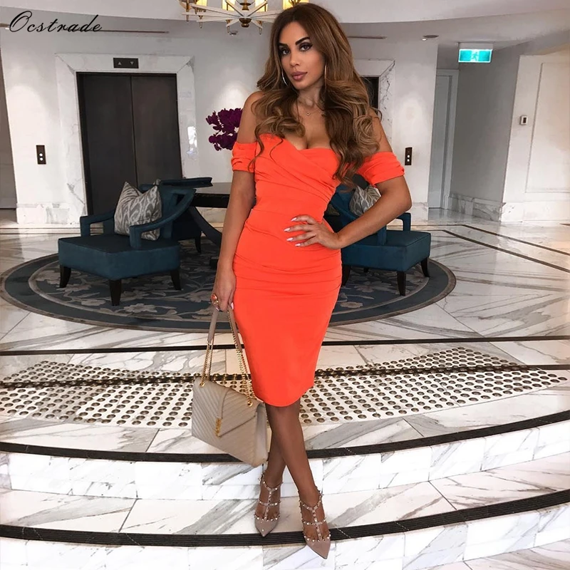 

Ocstrade Womens Summer Bodycon Sexy Dresses 2019 New Arrival Orange Crepe Sexy Off Shoulder Party Bodycon Dress Night Club