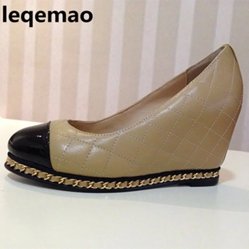 New Fashion Office Lady Nature Style Women Pumps Genuine Leather Chain High Quality Round Toe Ladies Wedges Shoes Size 35-40
