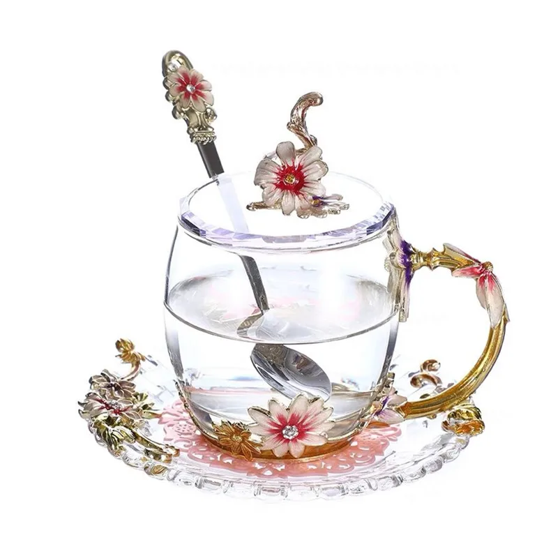 Enamel glass coffee mugs tea cups and mugs with saucer cover spoon