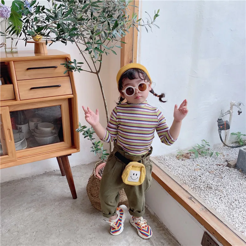 

2019 Autumn New Boys and Girls Long Sleeve Strip Slim Knitted Half-Low Collar Pit Top Shirt for Children Casual Cotton Bottoming