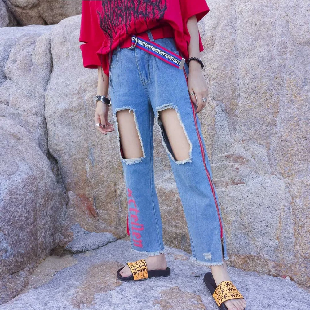 

Fashion street water wash retro finishing flash the knee hole zipper placketing belt jeans bf