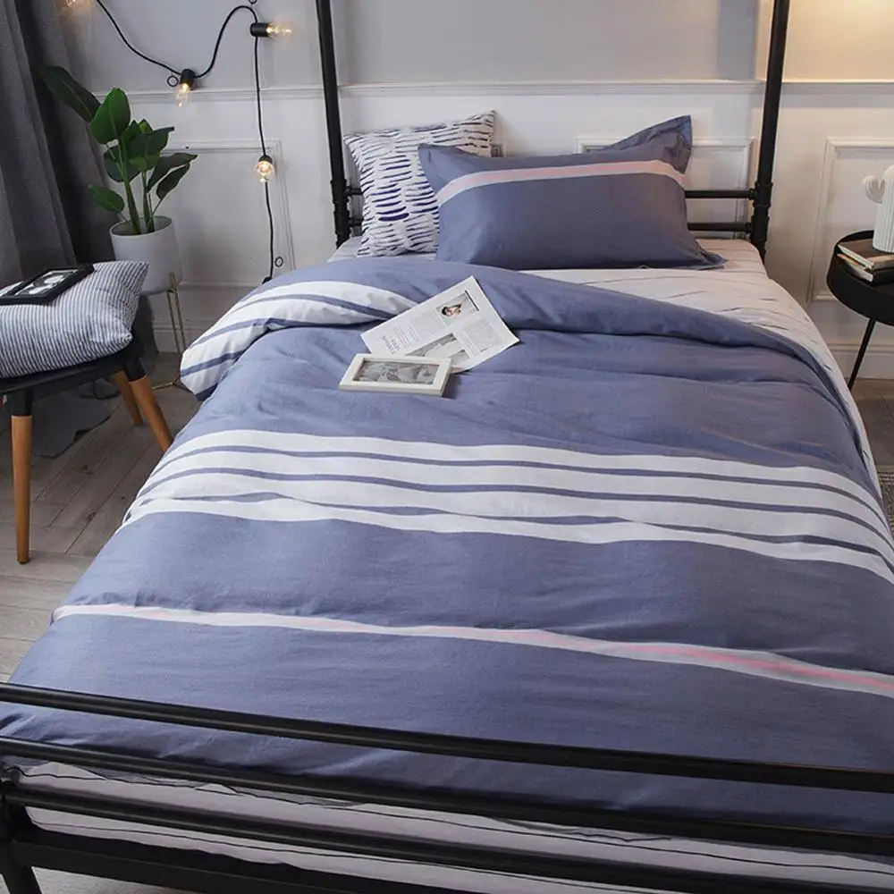 

2019 Dark Blue White Stripes Dormitory 3pcs Bedding Set Twin Hypoallergenic Cotton Bedlinens Duvet Cover Set Single Bed