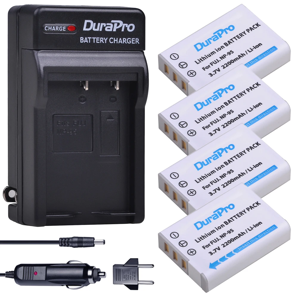 4pc 2200mAH NP 95 NP 95 NP95 Camera Battery + Car Charger For FUJIFILM