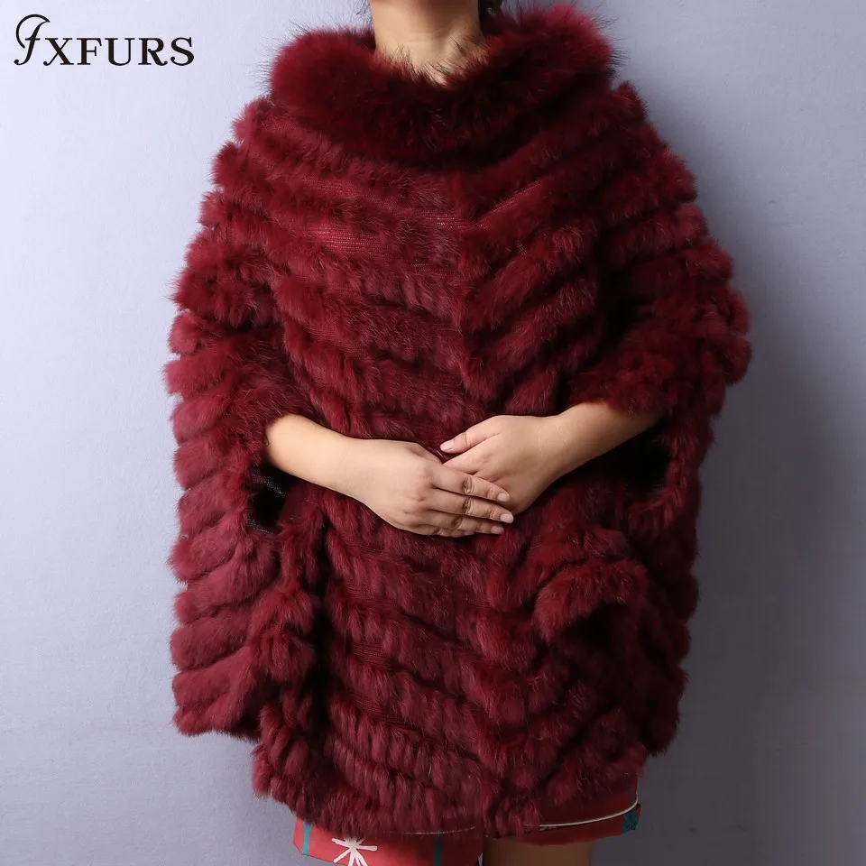 

FXFURS 2019 Real Knitted Rabbit Fur Shawl Women Fashion Fur Cape with Raccoon Fur Collars Autumn Batwing Sweater