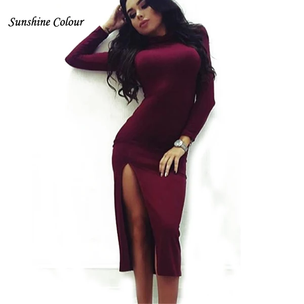 

Turtleneck Autumn Dress Office Dress Sexy Side Slit Black Bodycon Dress Women Party Dresses Robes Vestidos