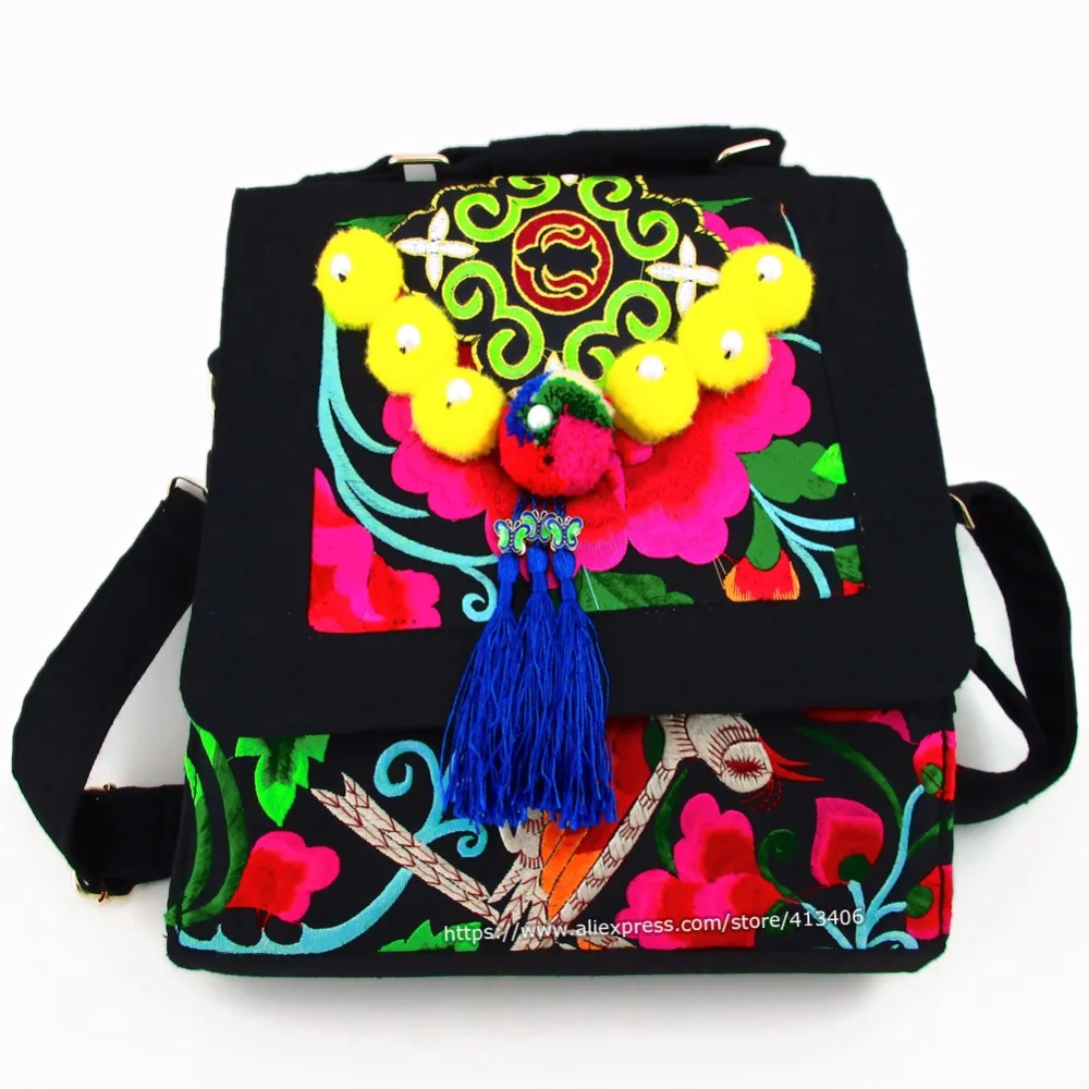 Hmong Tribal Ethnic Thai Indian Boho shoulder bag messenger embroidery pom charm trim SYS-537 striped embroidery pom pom detail blouse