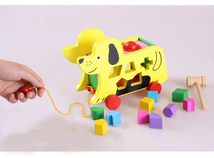 Маленькая Желтая Собака Intelligence Hauling Car Детская образовательная геометрическая форма строительные блоки соответствующие стук настольные