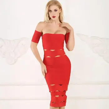 

Top quality sleeveless sexy off the shoulder red black slash neck celebrity bodycon women bandage dress wholesale